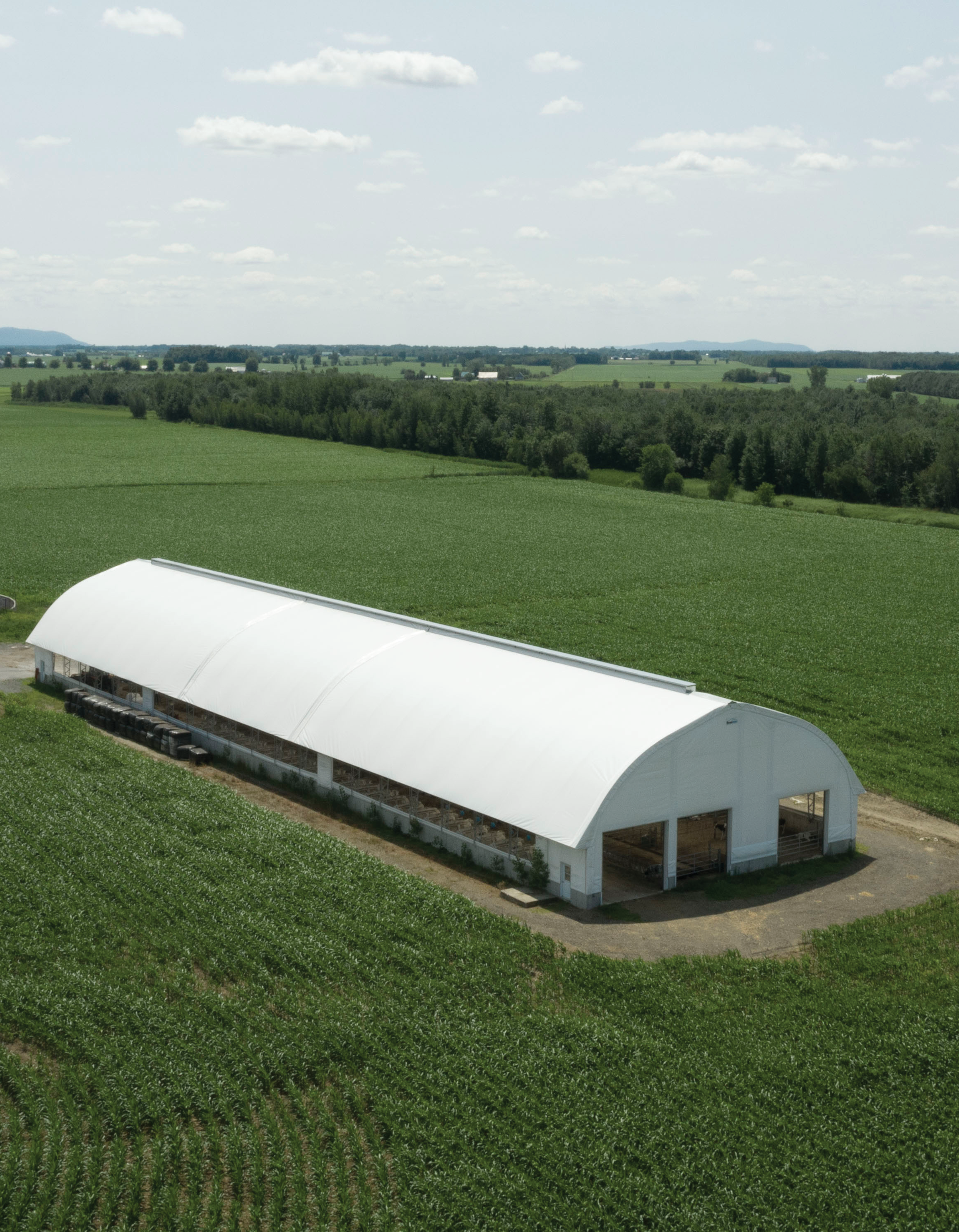 Aerial view of a fabric building on a working farm in Southwestern Ontario